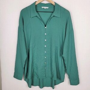 Jane + Delancey Button Front Tunic Top Womens M Green Textured Long Sleeve